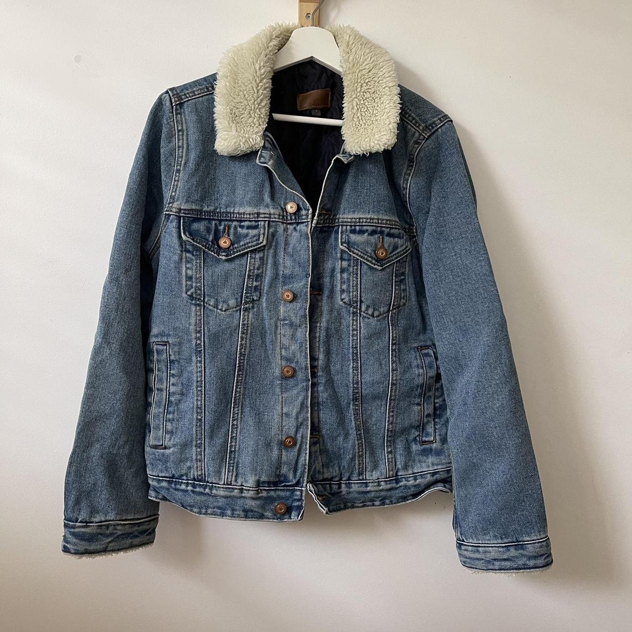 asos blue denim jacket with sherpa collar size s &... - Depop