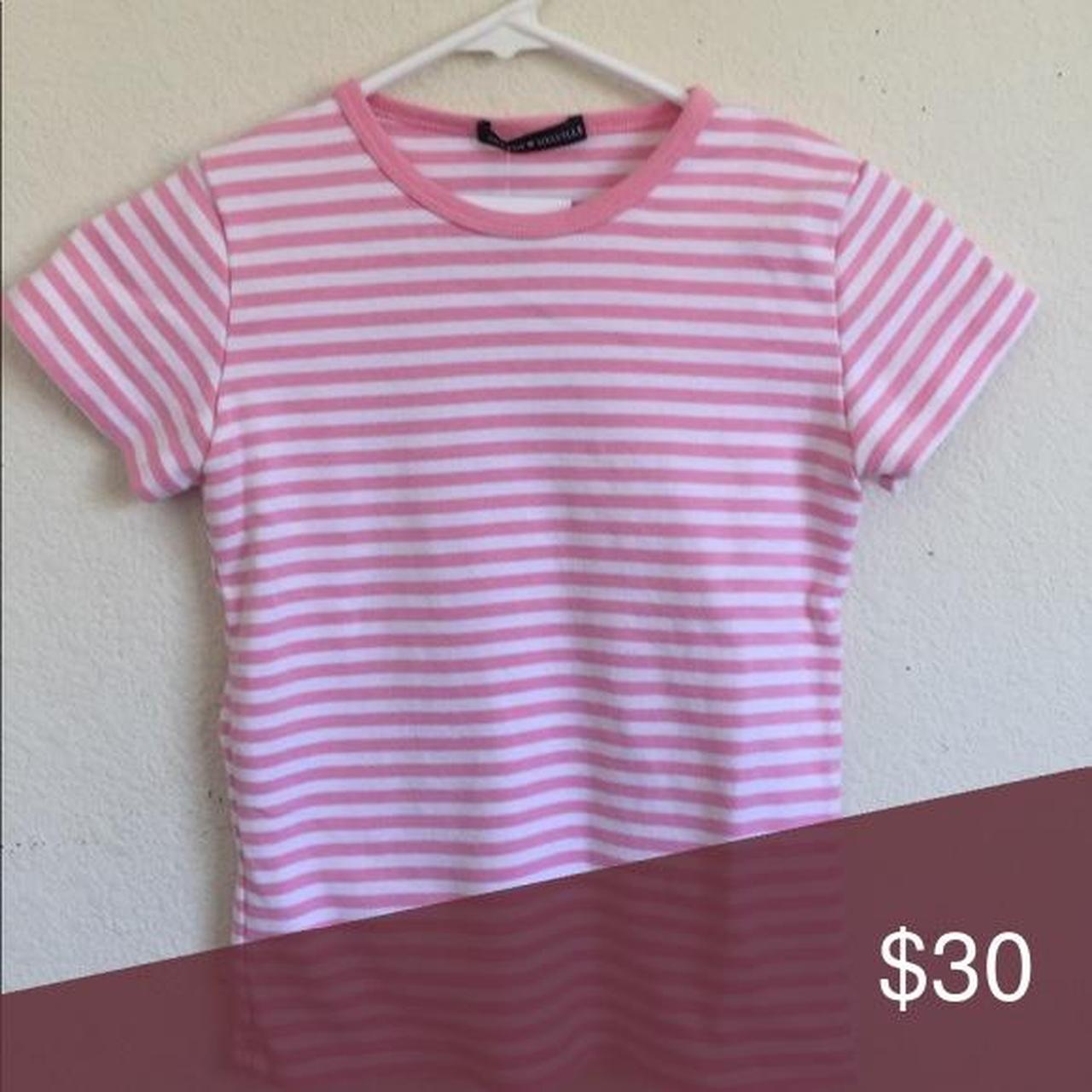 Brandy Melville Women's Pink and White T-shirt | Depop