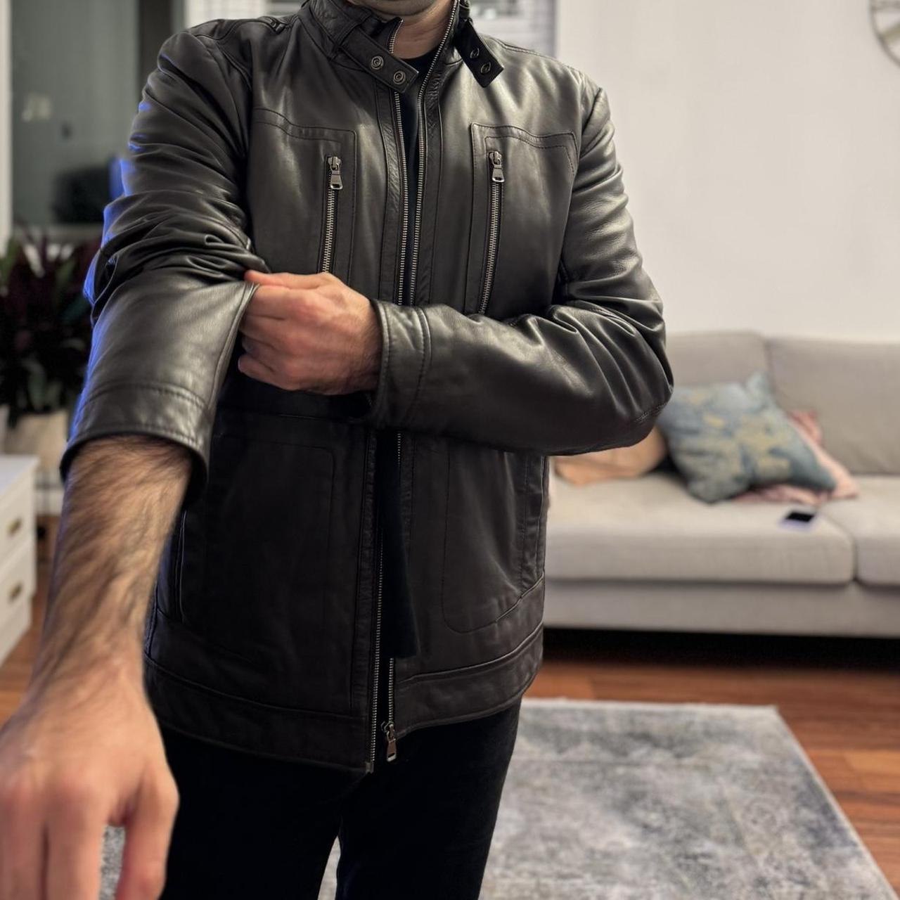 Men's HUGO BOSS Brown Leather Biker jacket Depop