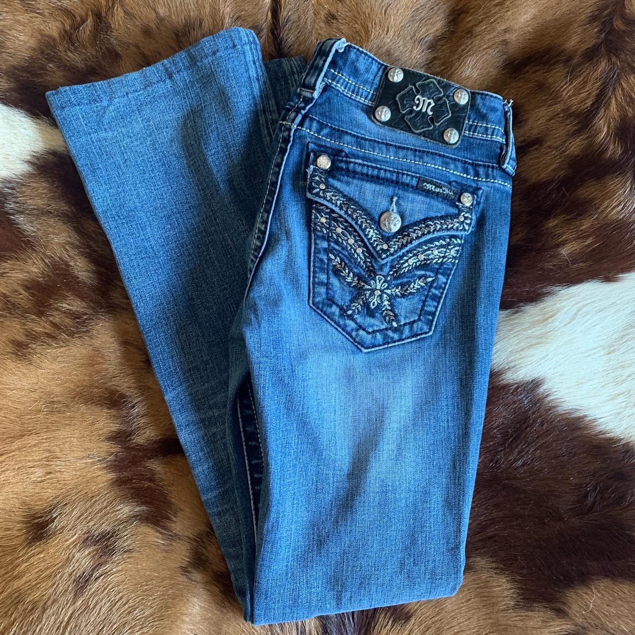 Bootcut low rise medium wash Miss Me jeans with cute... - Depop