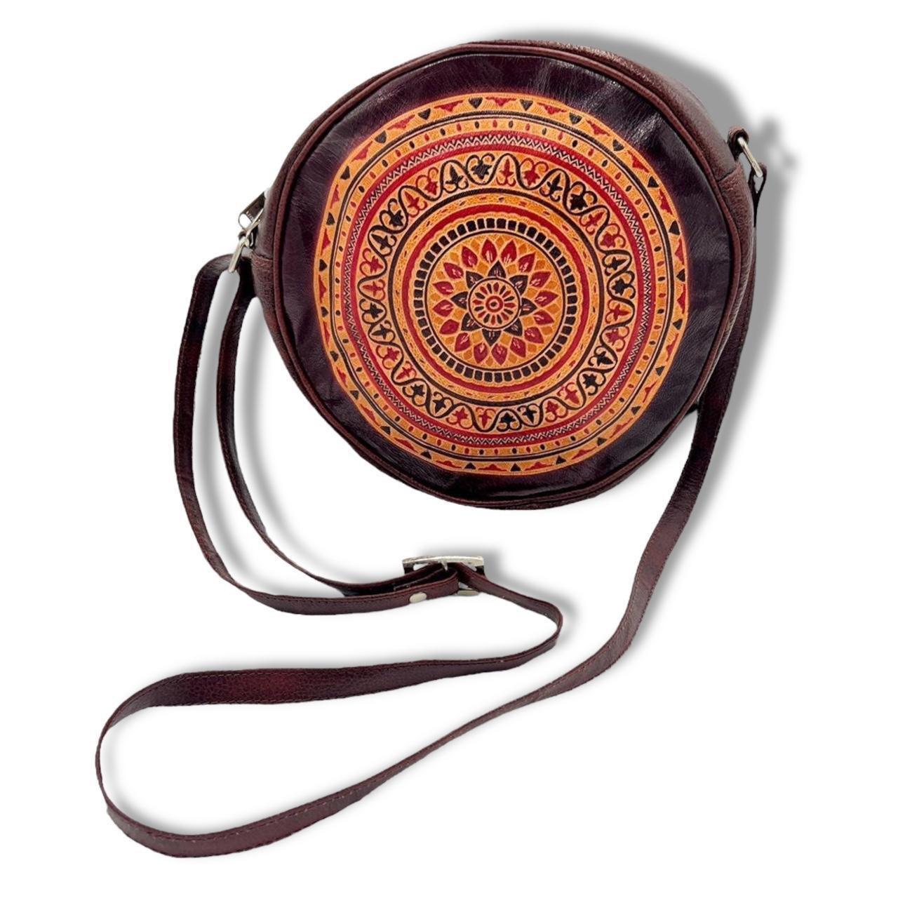 Leather Hippie Circle Purse, • Rich, brown round...