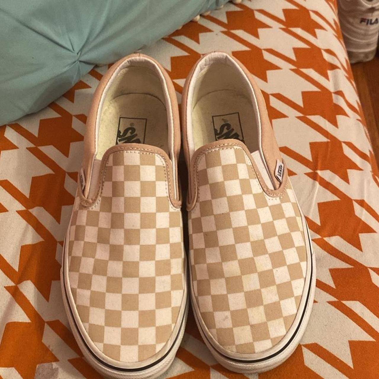 tan and white checkered vans slip on canvas Depop