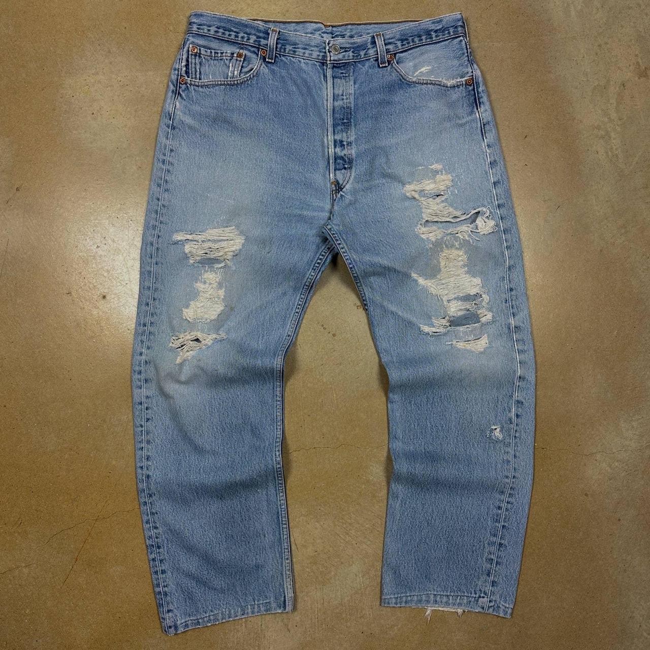 90s Light Wash Distressed Levi’s 501 Jeans 36x29.5... - Depop