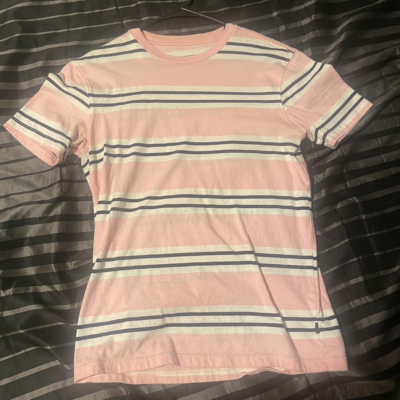 American Eagle pink black and white striped shirt... - Depop