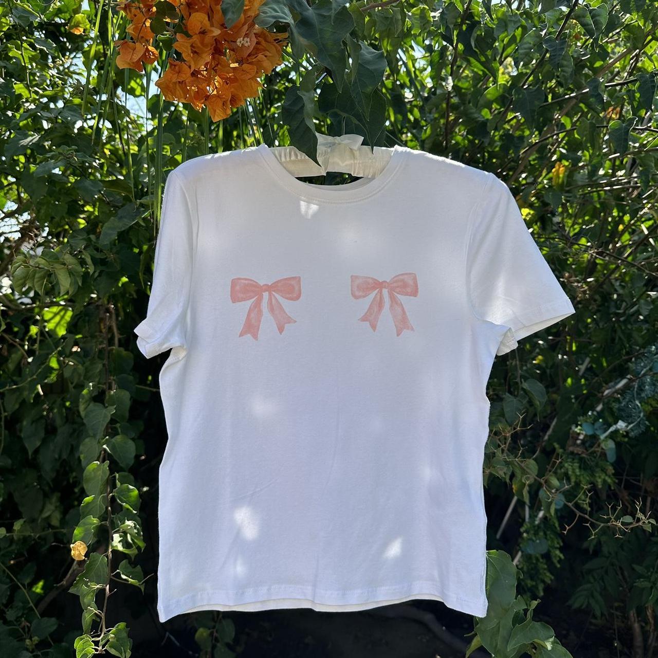 Pink bow shirt double chest print pink bow... Depop