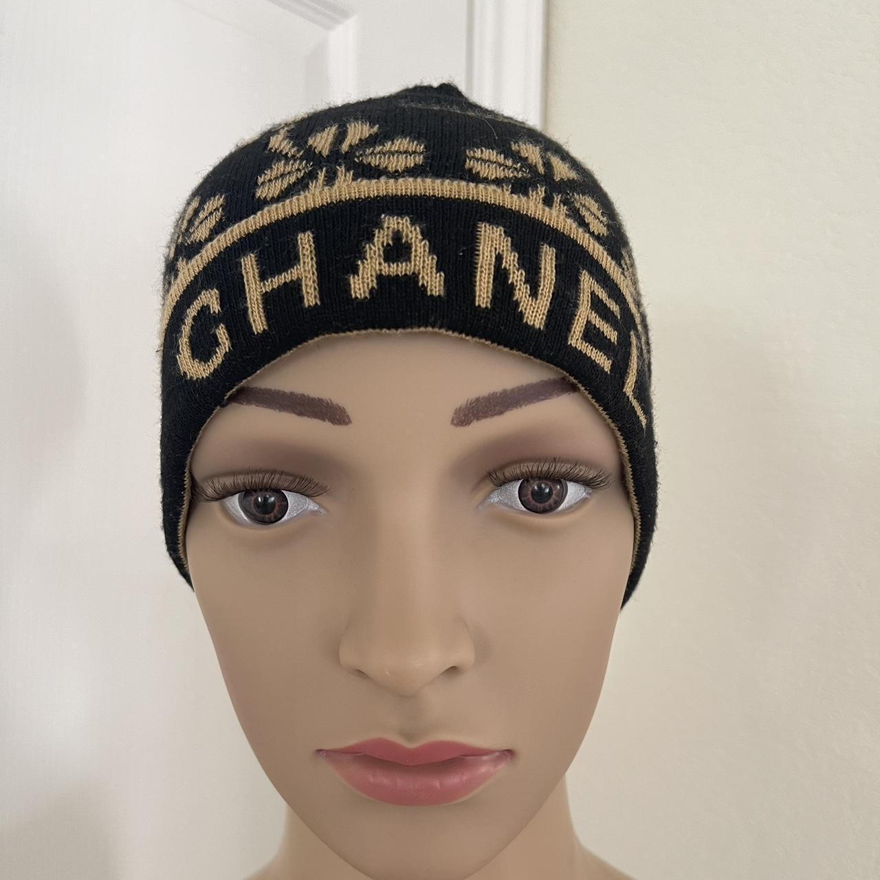 Thrifted vintage camel black Chanel CC beanie hat - Depop