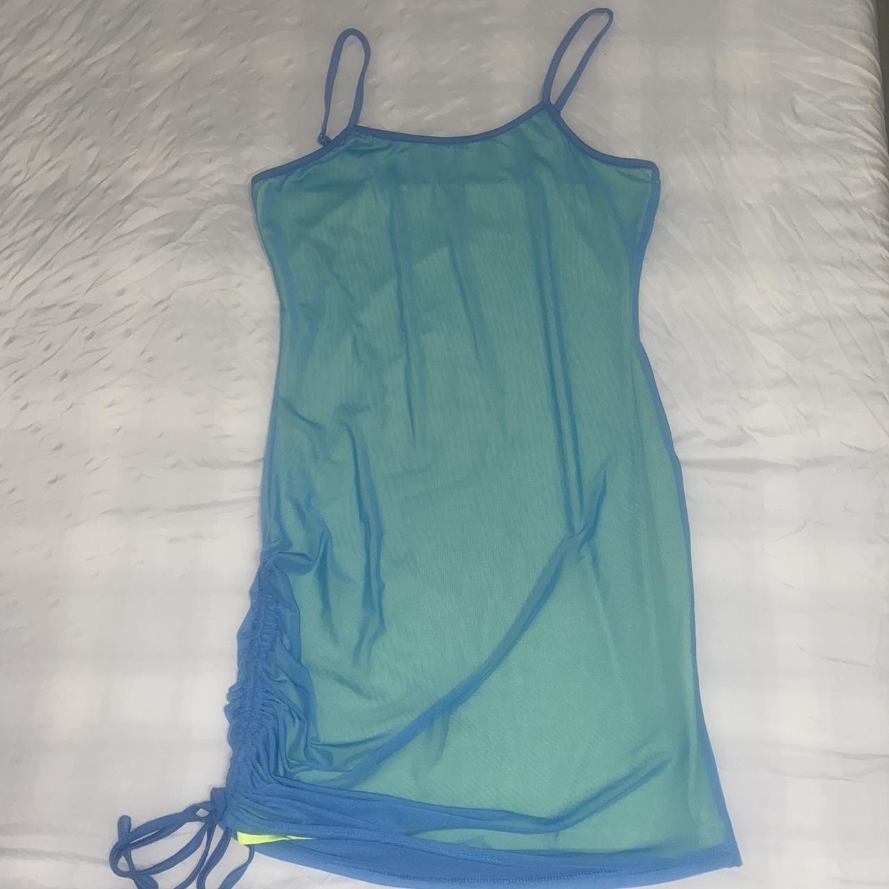 mesh blue and neon green mini dress, can make longer... - Depop
