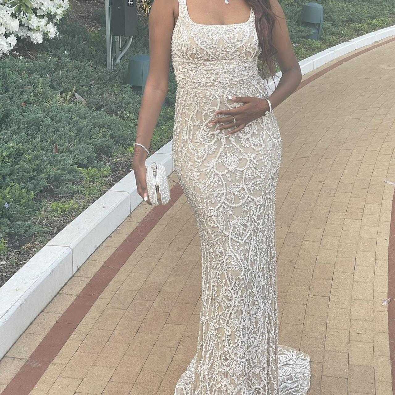 Tan and hot sale white prom dress