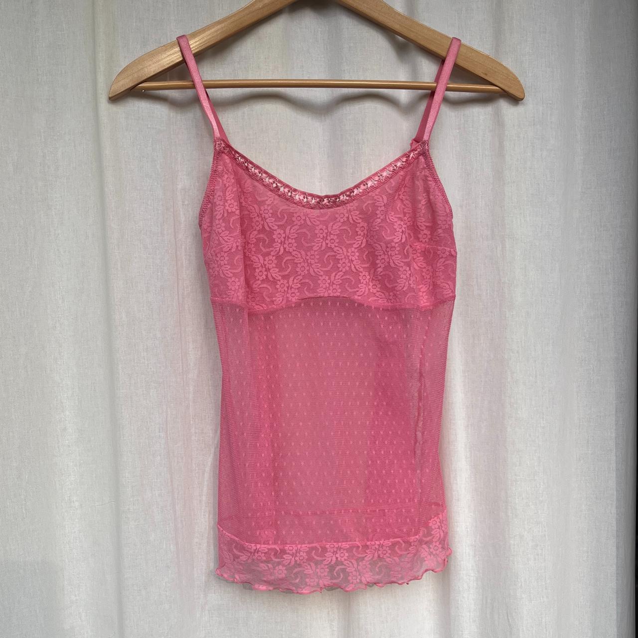 ~ hot pink lace mesh cami ~ featuring woven ribbon... - Depop