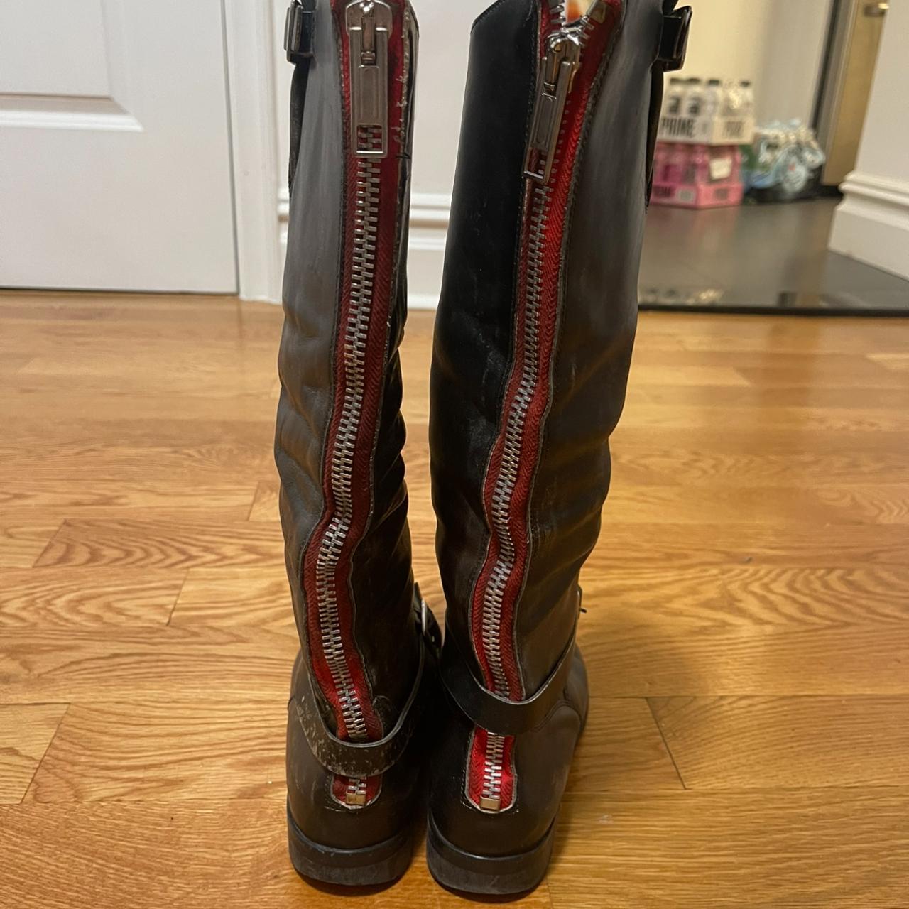 Brown boots with red zipper hotsell