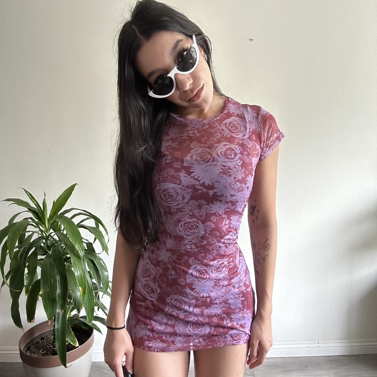 Dolls kill mesh pink floral dress with a deep purple... Depop