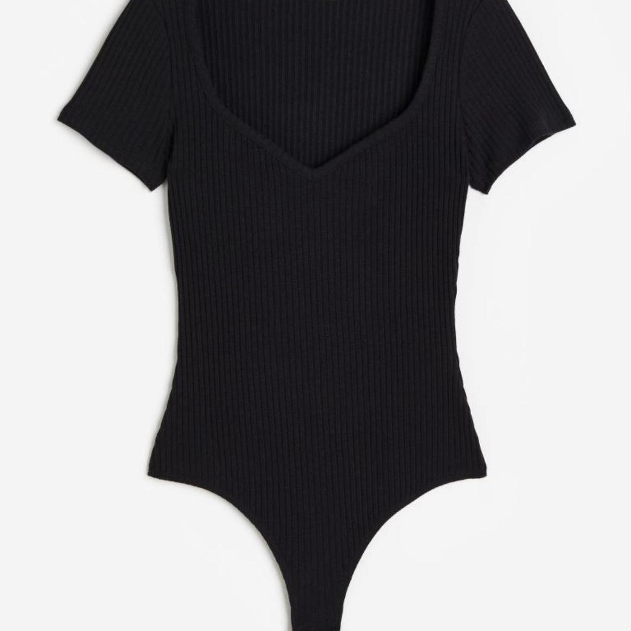 h&m black ribbed thong bodysuit super comfy just - Depop