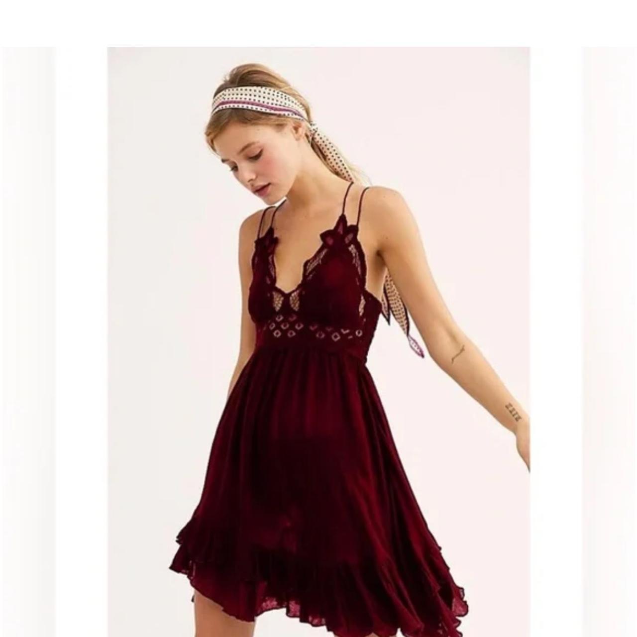 Free People lace mini dress maroon with ruffling at. Depop