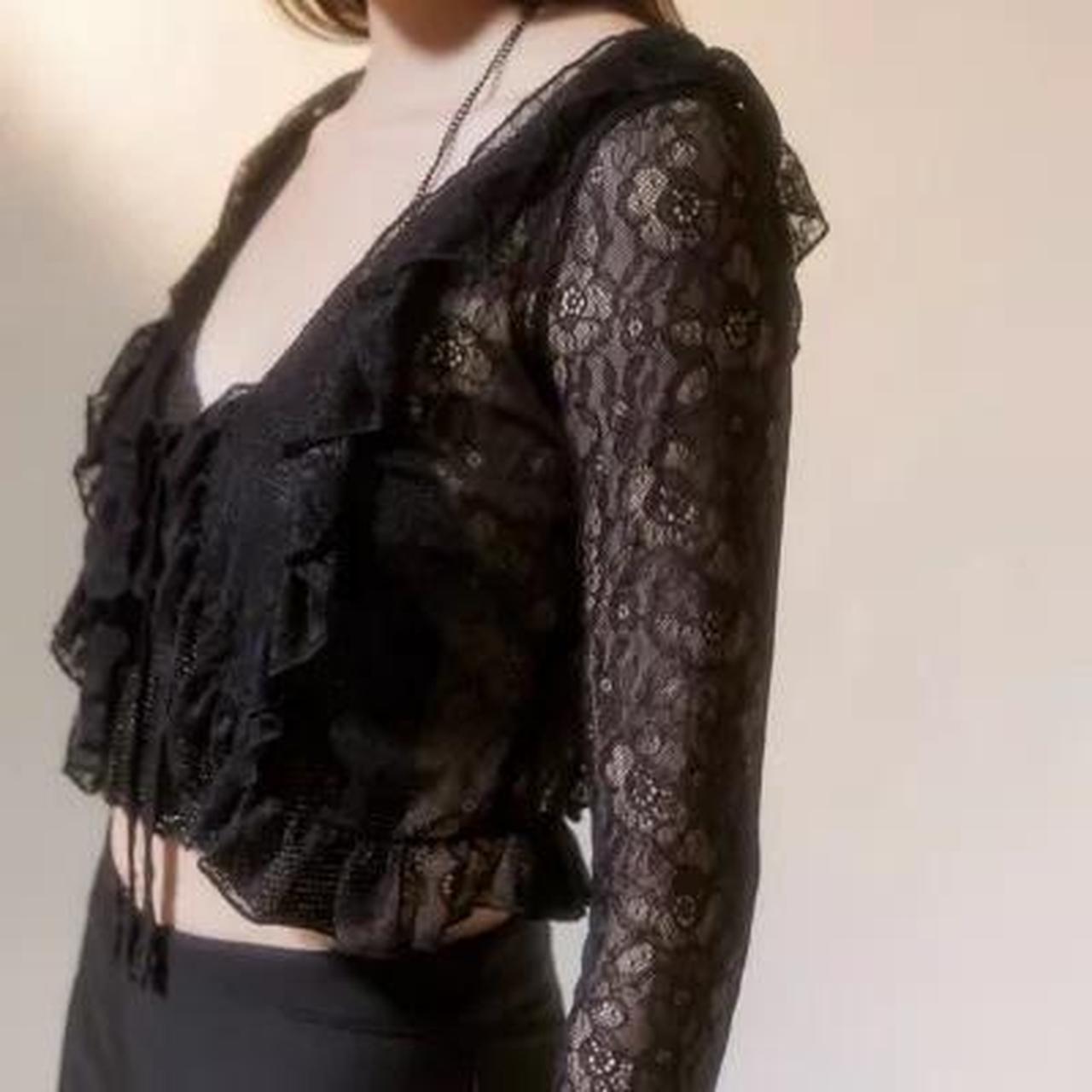 Black UO Stella Sheer Lace Tie-Front Top Size: small - Depop