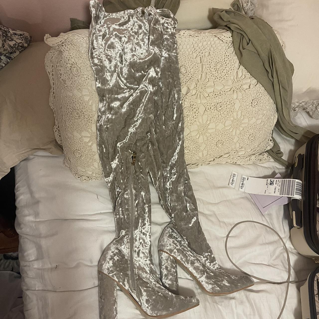 Thigh high velvet silver boots Over the knee Stylish. Depop