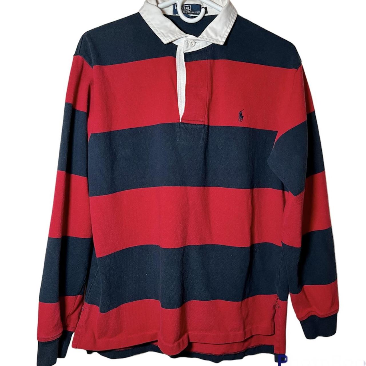 Vintage Ralph Lauren Rugby Shirt Red Navy Striped... - Depop