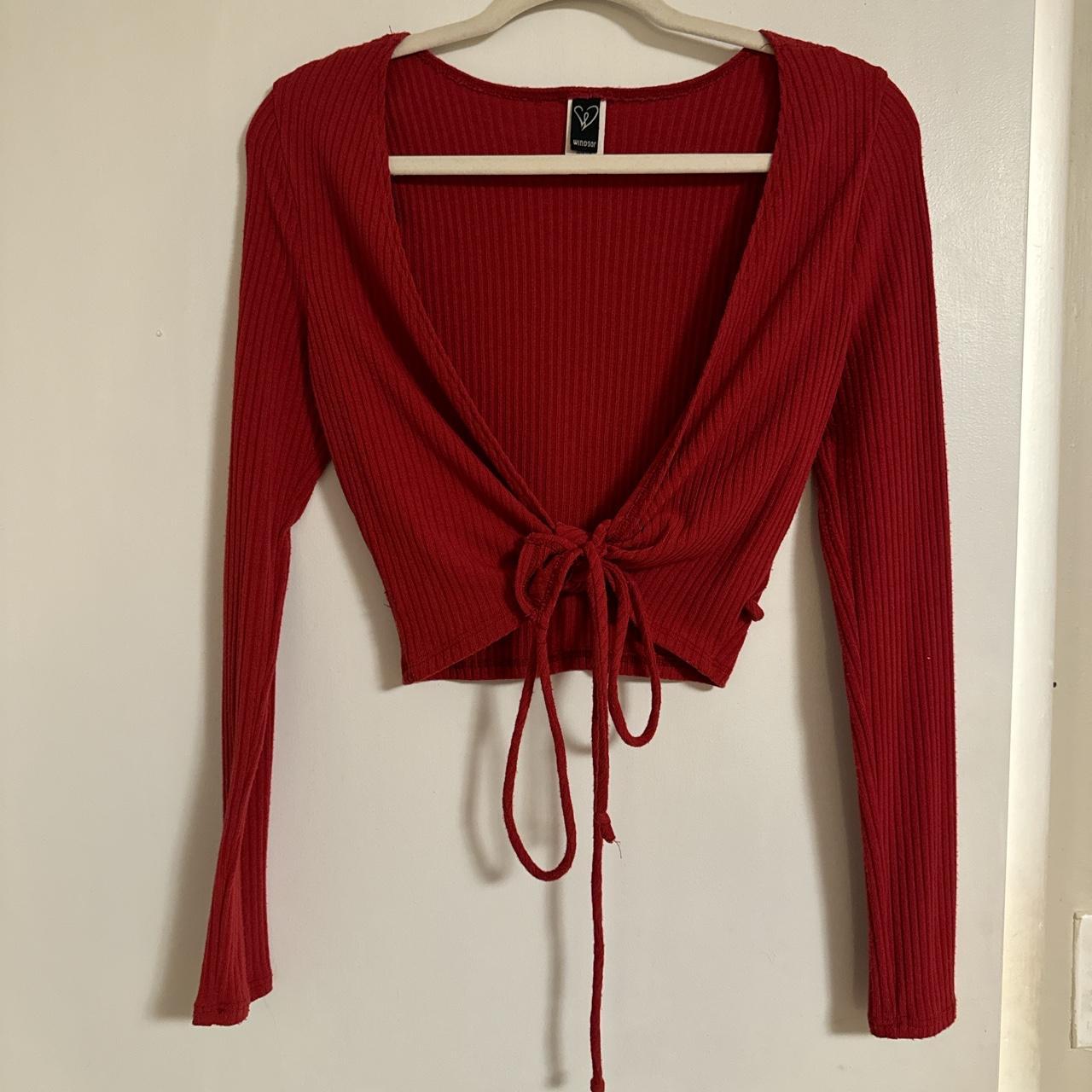 Cute red long sleeve crop top. Can be tied in front... - Depop