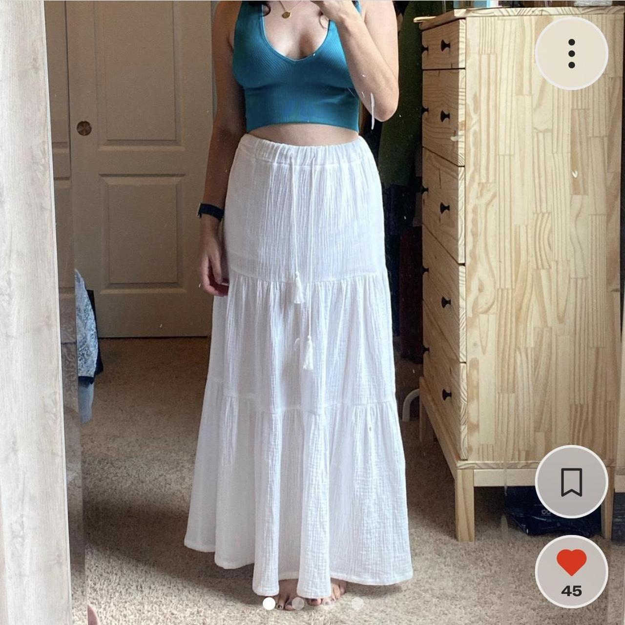 White cotton tiered maxi skirt with a slit! Elastic... - Depop