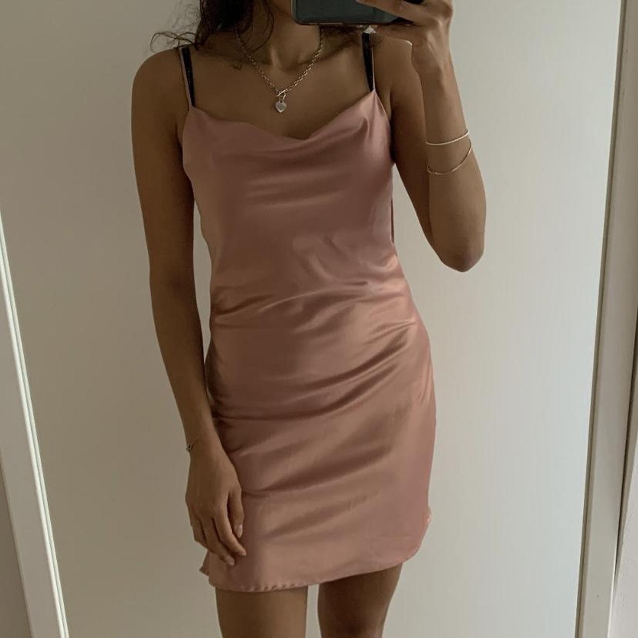 Brandy Melville pink satin cowl neck mini dress... Depop
