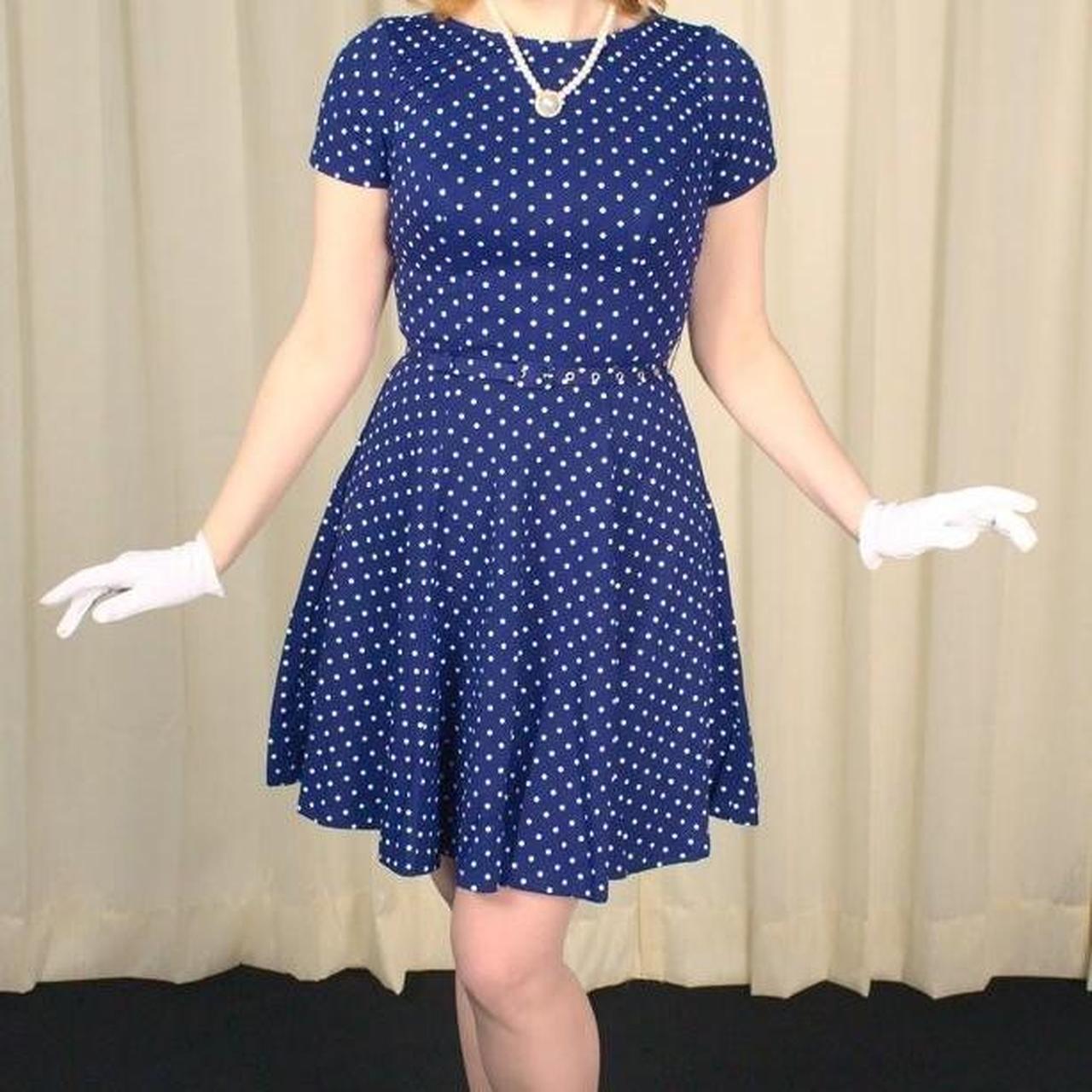 Blue Polka Dotted Unique Vintage Women's Dress Size... Depop