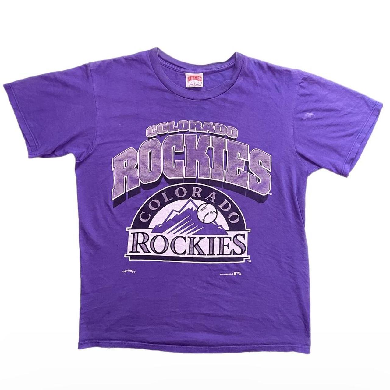 VTG Nutmeg Colorado Rockies Purple 90s MLB Jersey Print USA T 