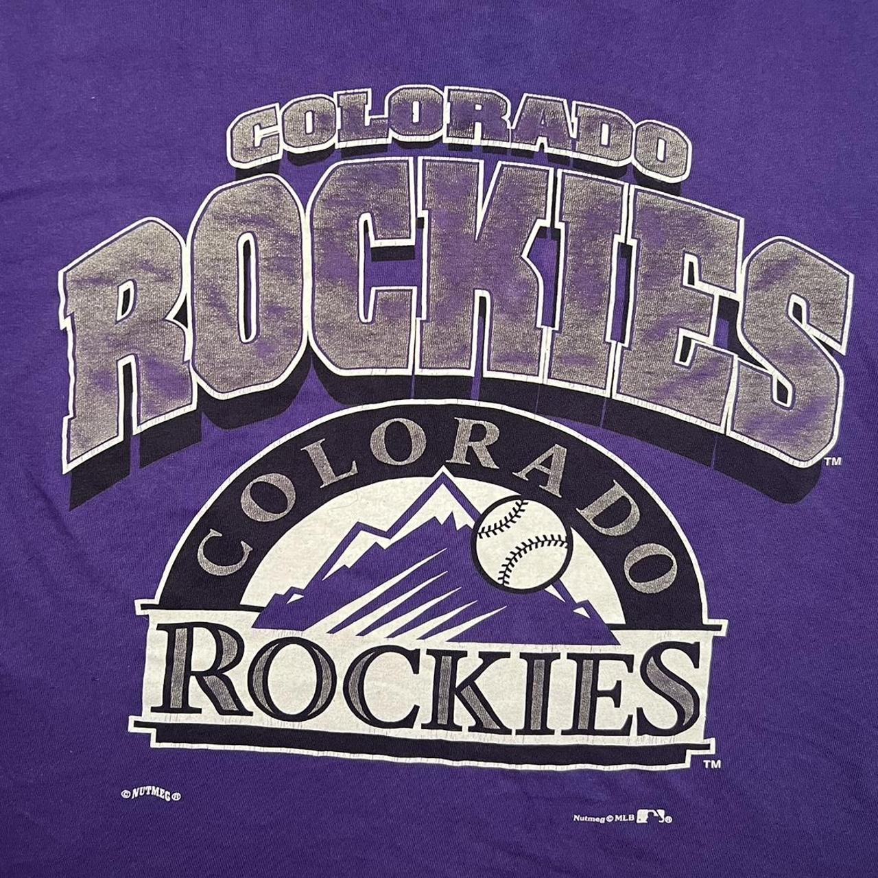 VTG Nutmeg Colorado Rockies Purple 90s MLB Jersey Print USA T 