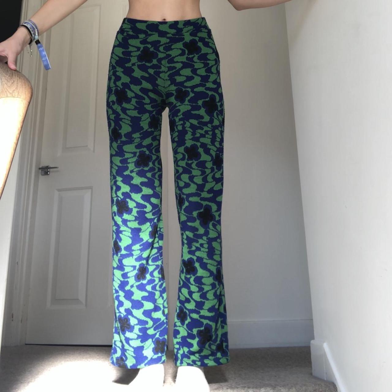 Zara pattern pants in green and blue size small - Depop