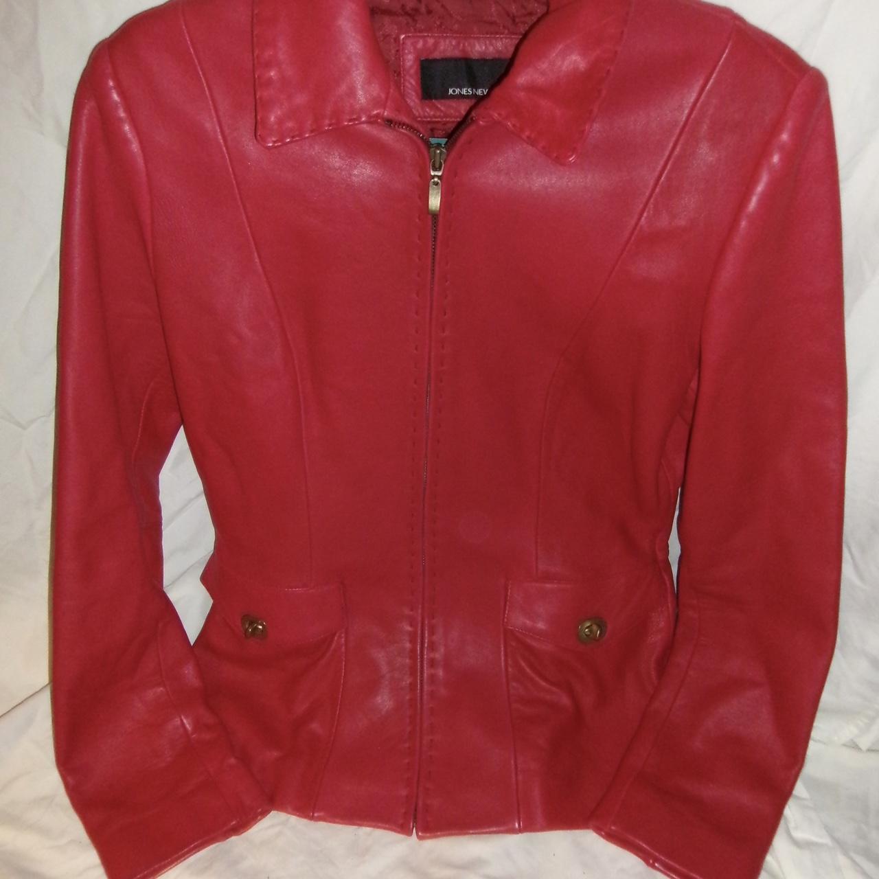 Jones New York red leather jacket with gold hardware