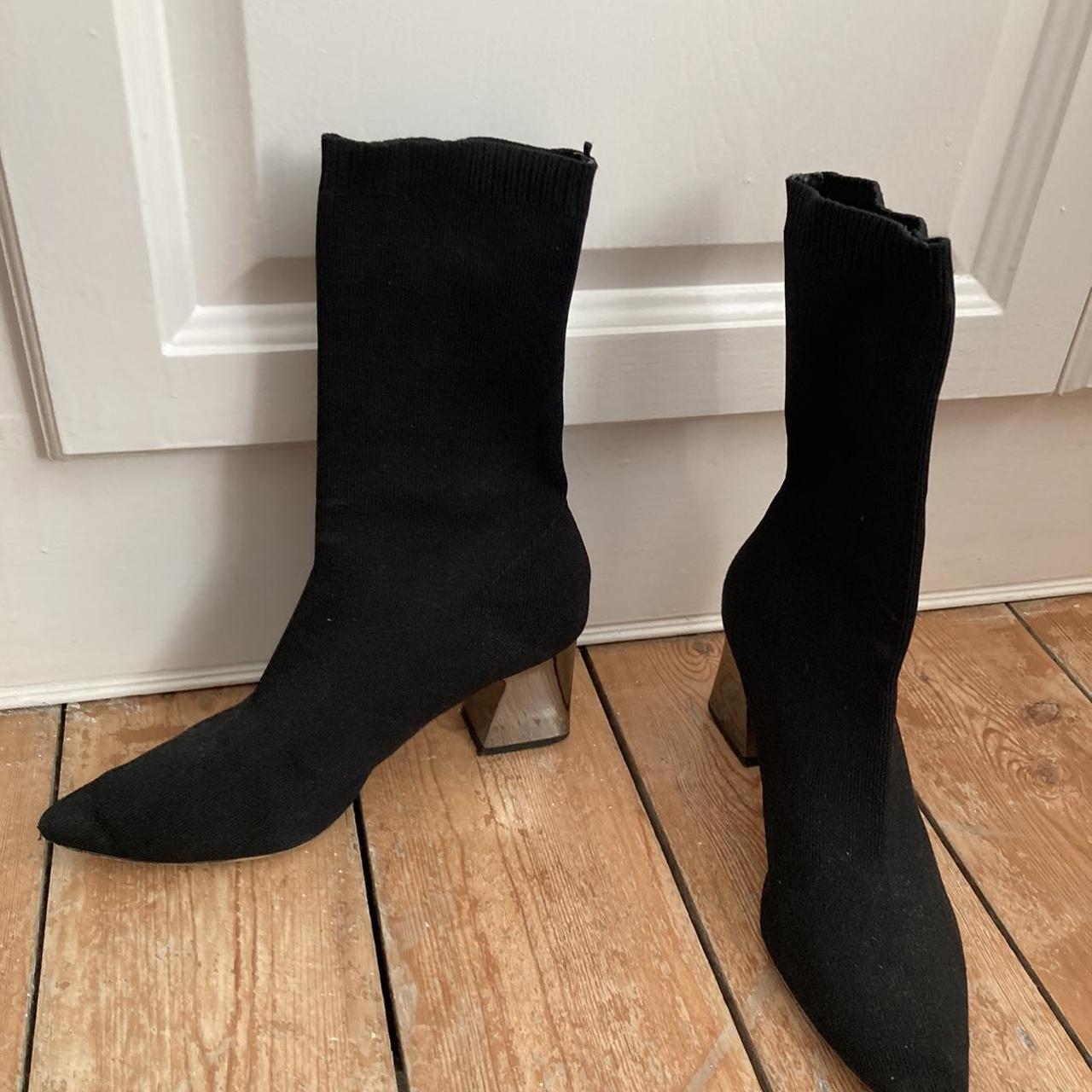 Black Zara sock style ankle boots with metallic... Depop
