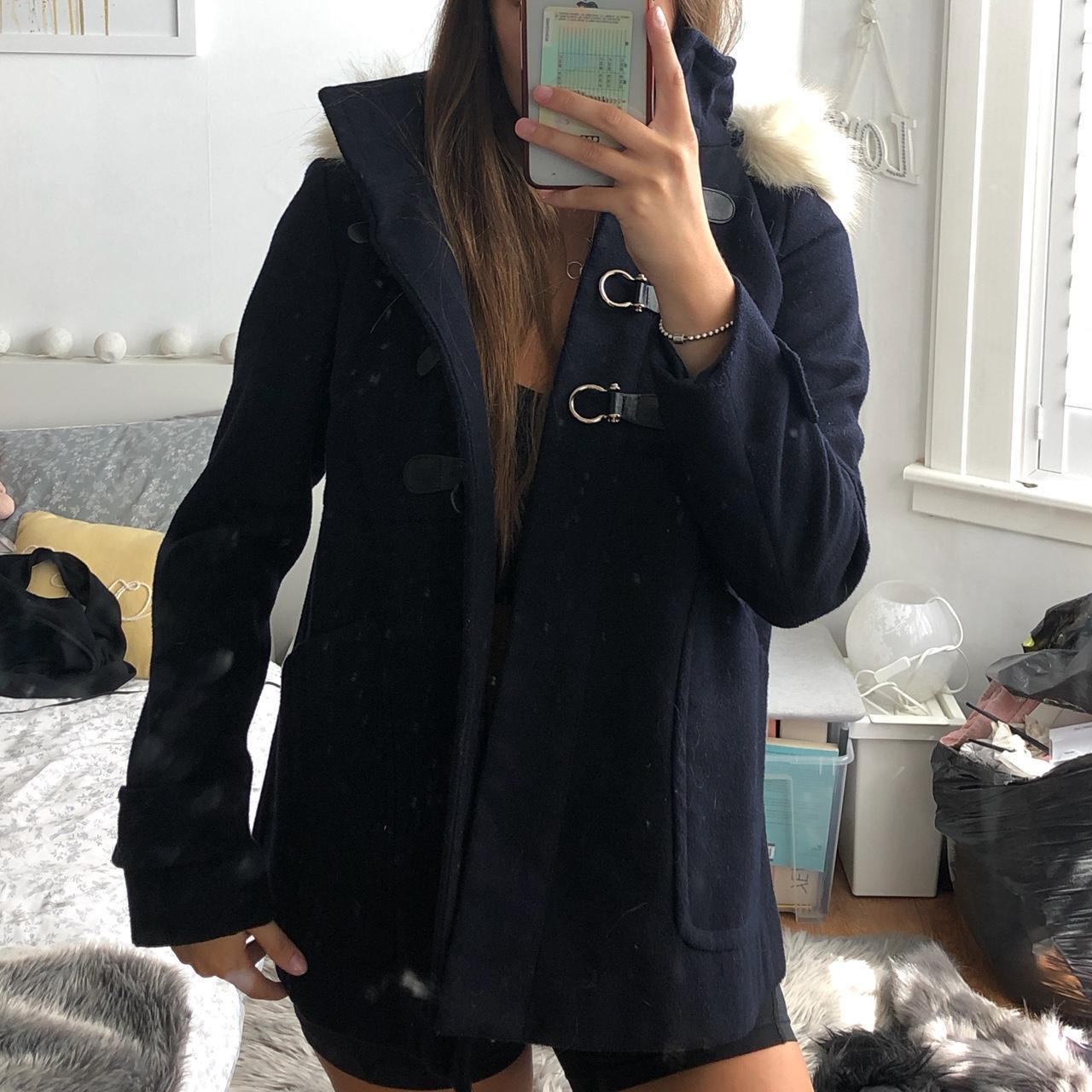 navy duffle coat with fur hood in size 8💙 Depop