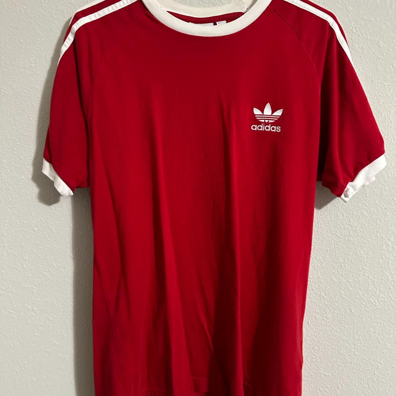 Adidas Red Shoulder Striped T-Shirt Great quality... - Depop