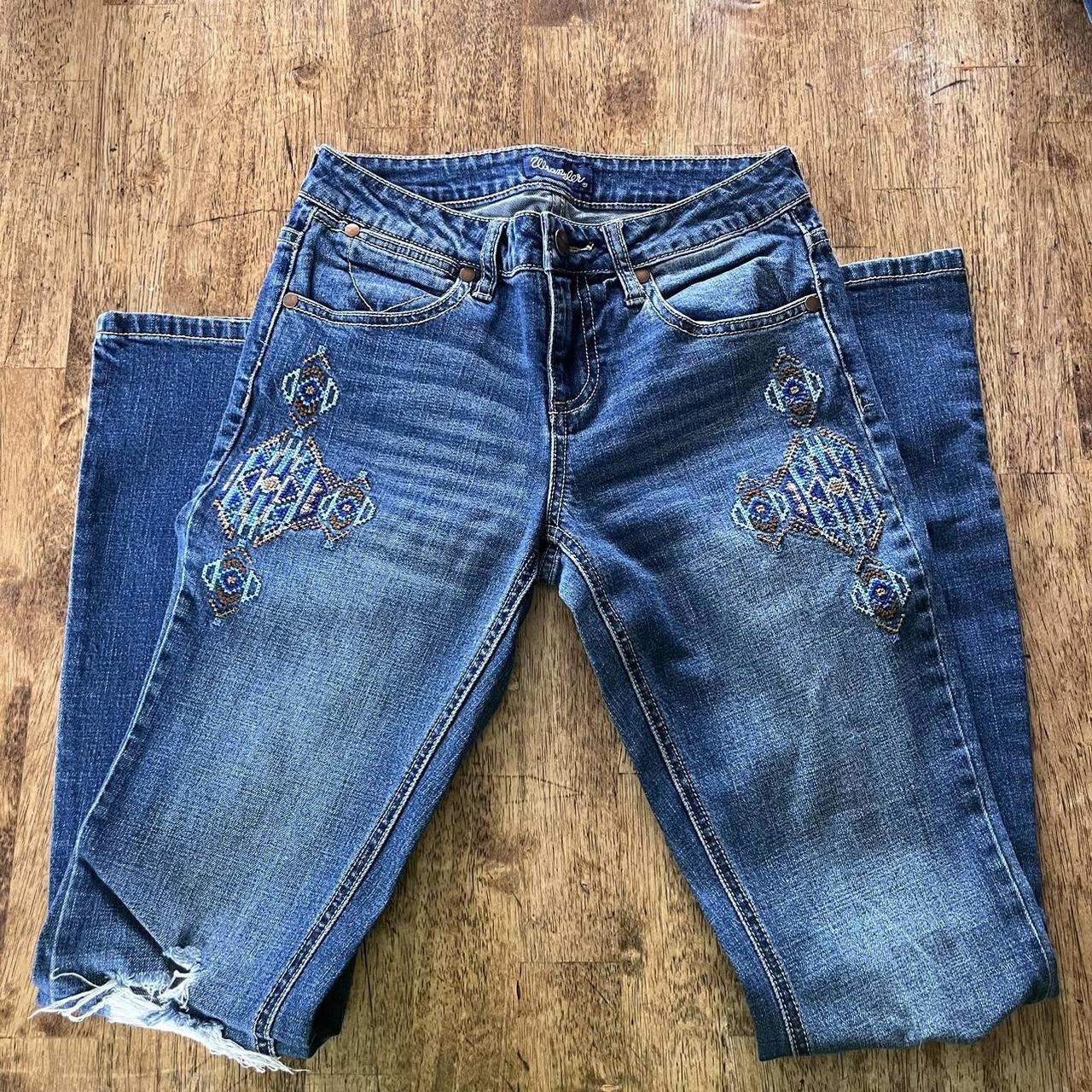 women-s-blue-and-tan-jeans-depop