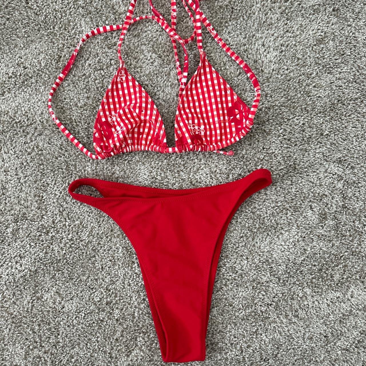 Loleia Swim Bikini Set Gingham top and red bottoms.... - Depop