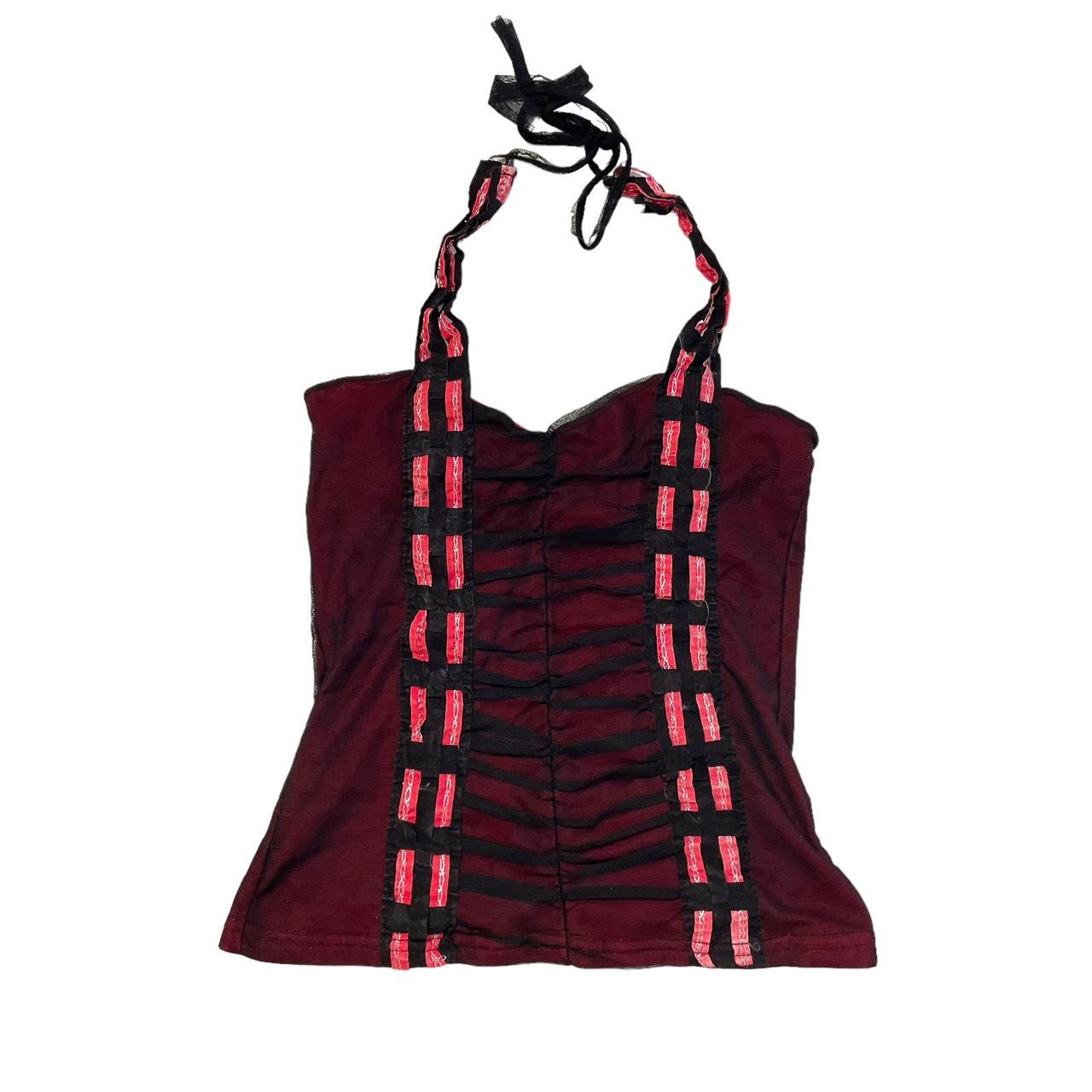 pink halter neck y2k vest top with black mesh... - Depop