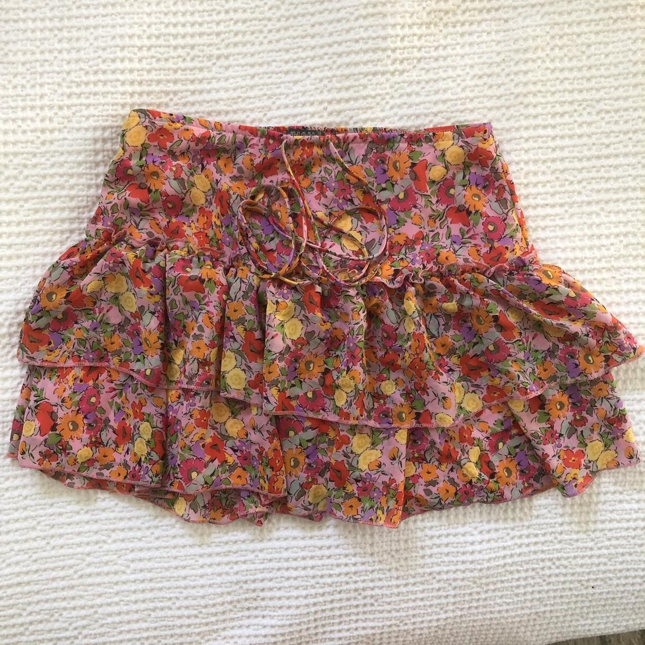 xs pink floral wild fable ruffle mini skirt two... - Depop