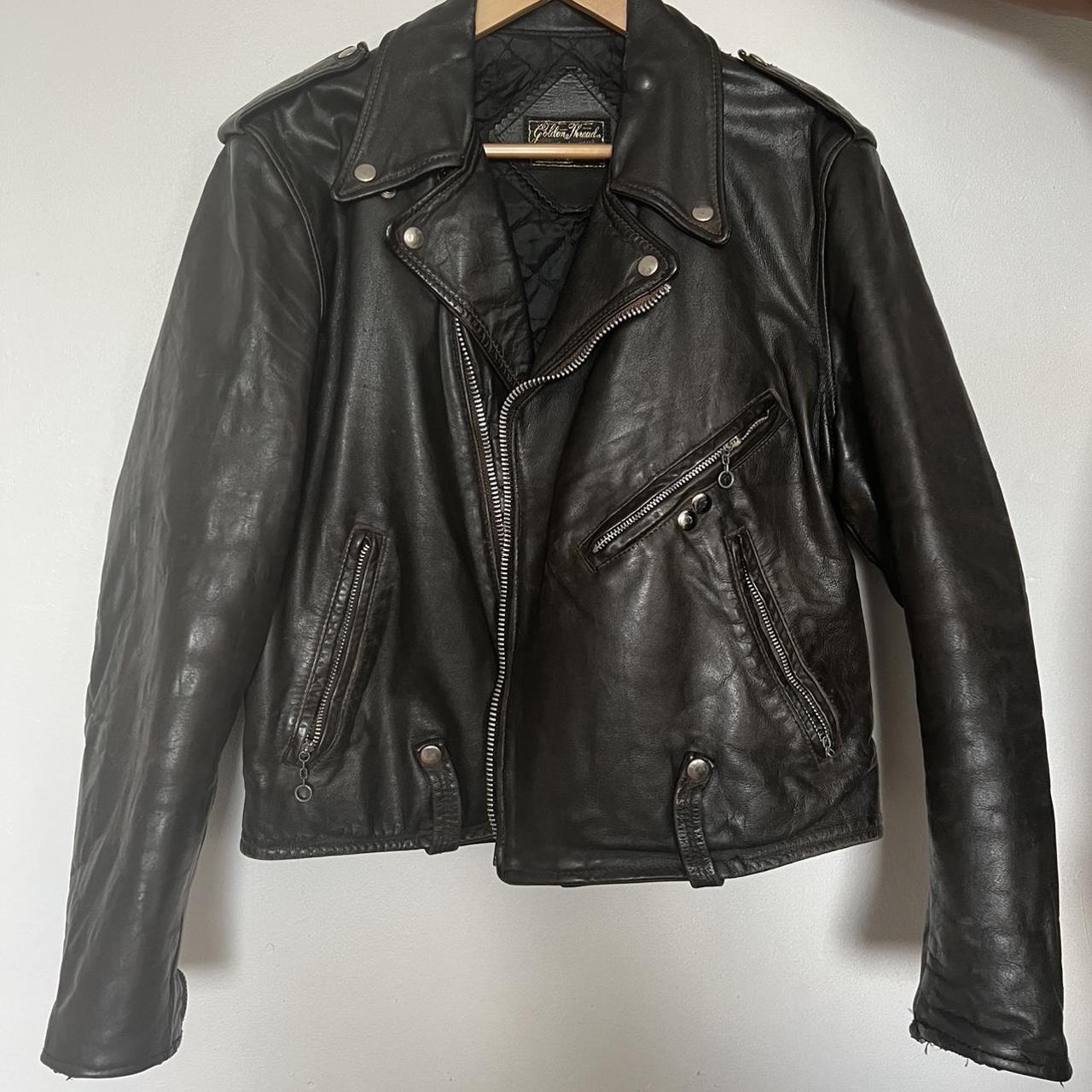 Distressed oversized worn leather biker jacket. Dark... - Depop