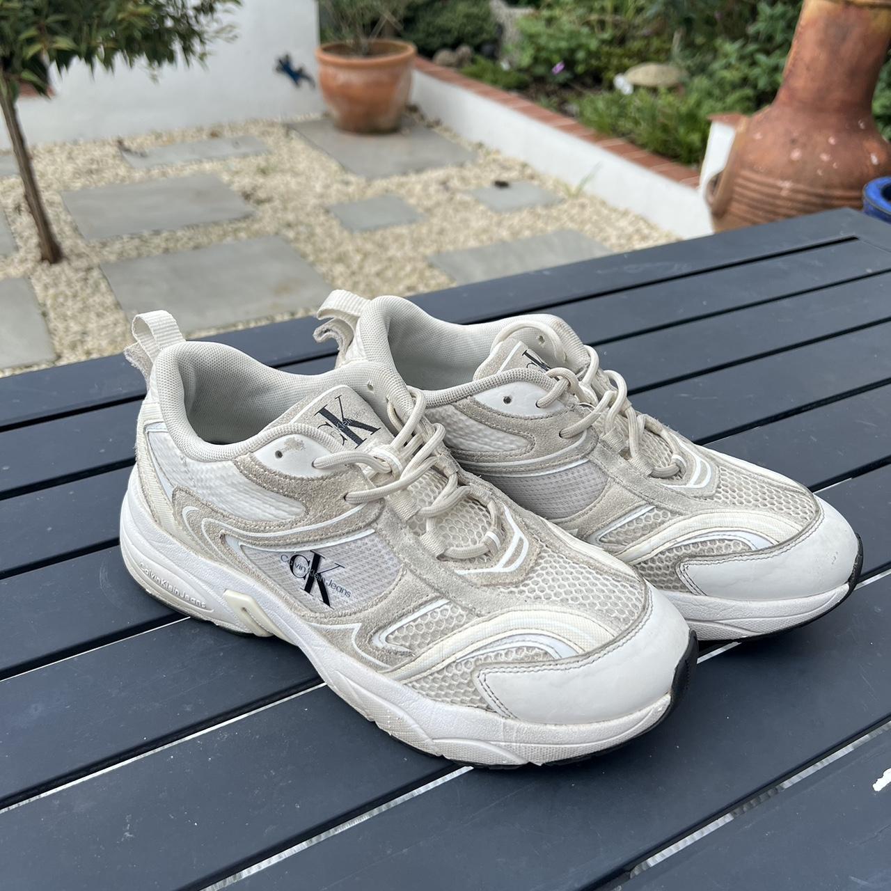 Calvin Klein trainers size 6/6.5. White and beige... - Depop