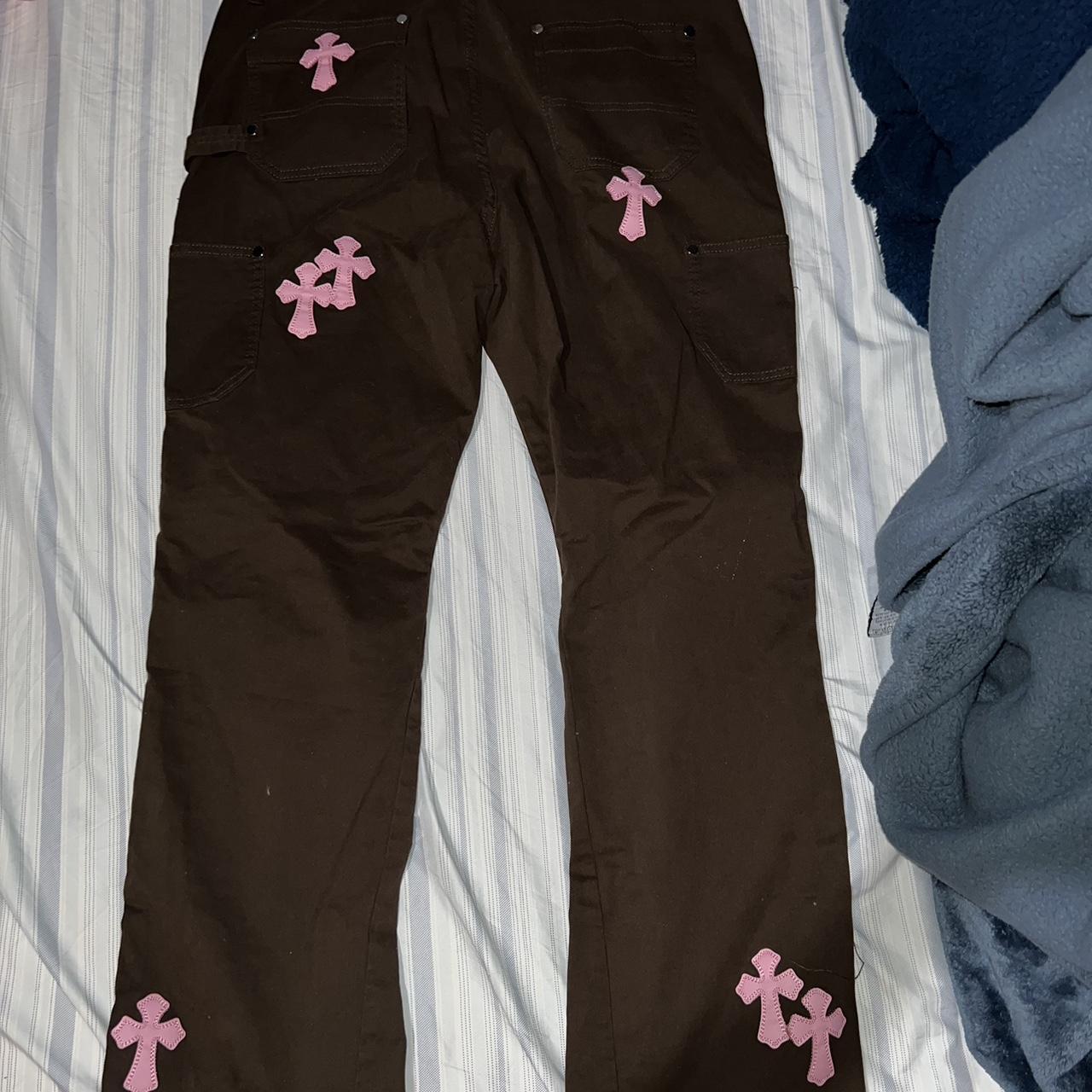 fire brown pants with pink crosses #y2k - Depop