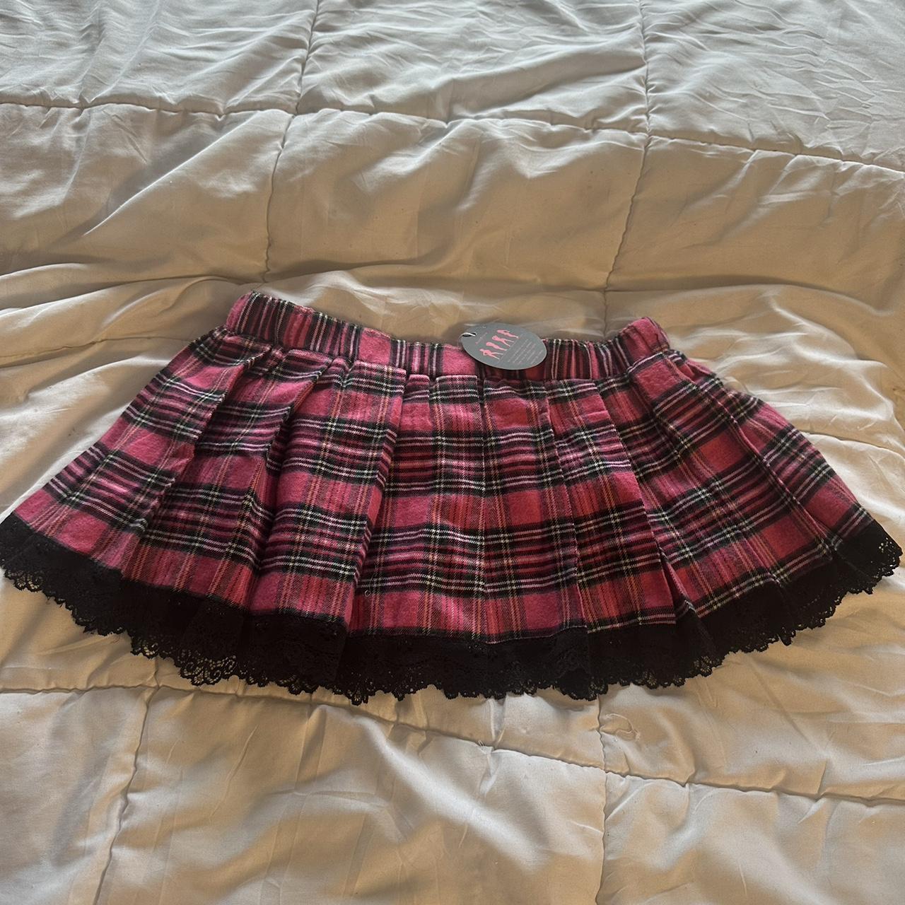 Pink low waisted plaid mini skirt with lace trim!!... - Depop