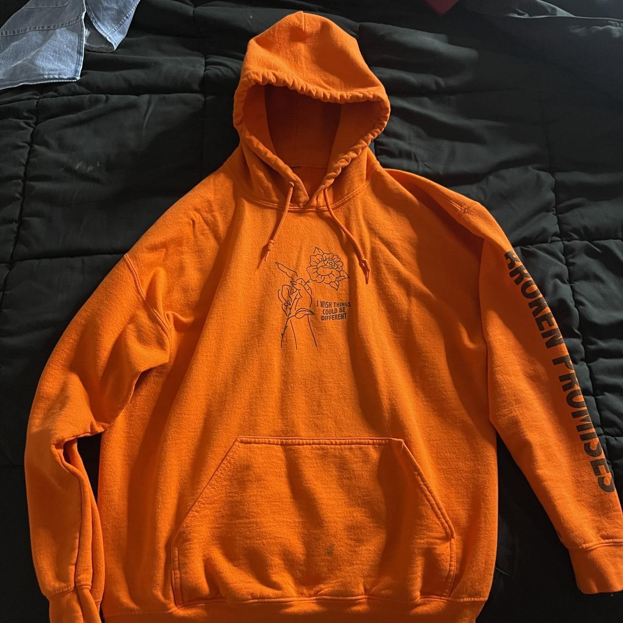 orange “broken promises” hoodie large flaw shown in... - Depop