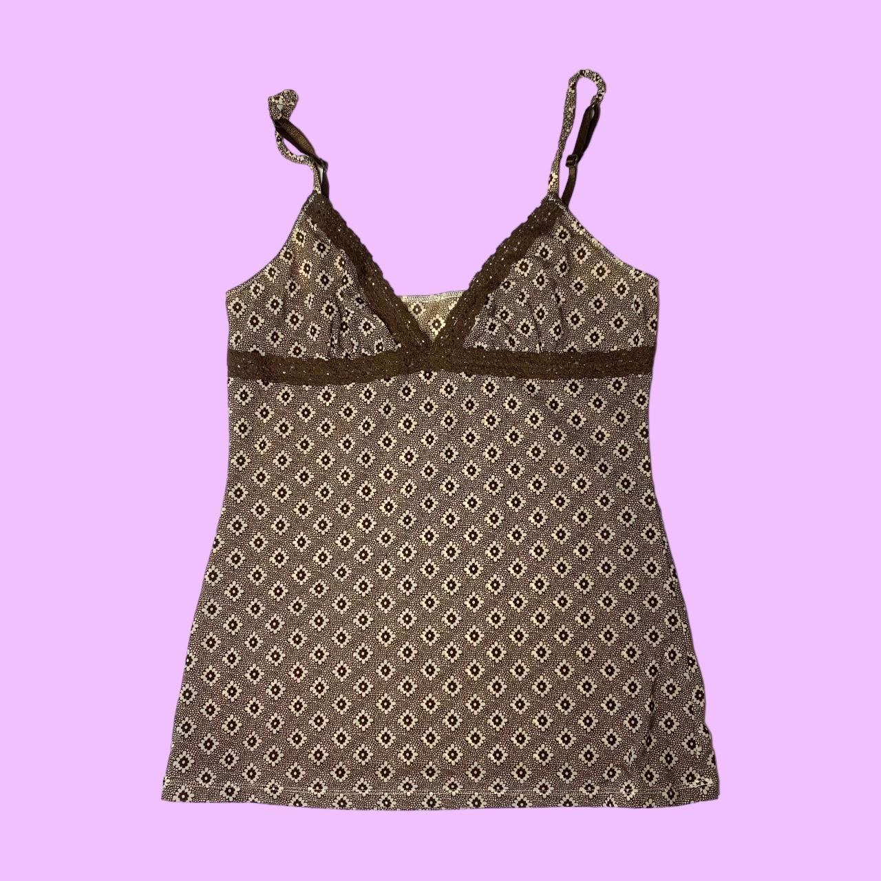 90s 00s brown micro mesh cami top with brown lace... - Depop