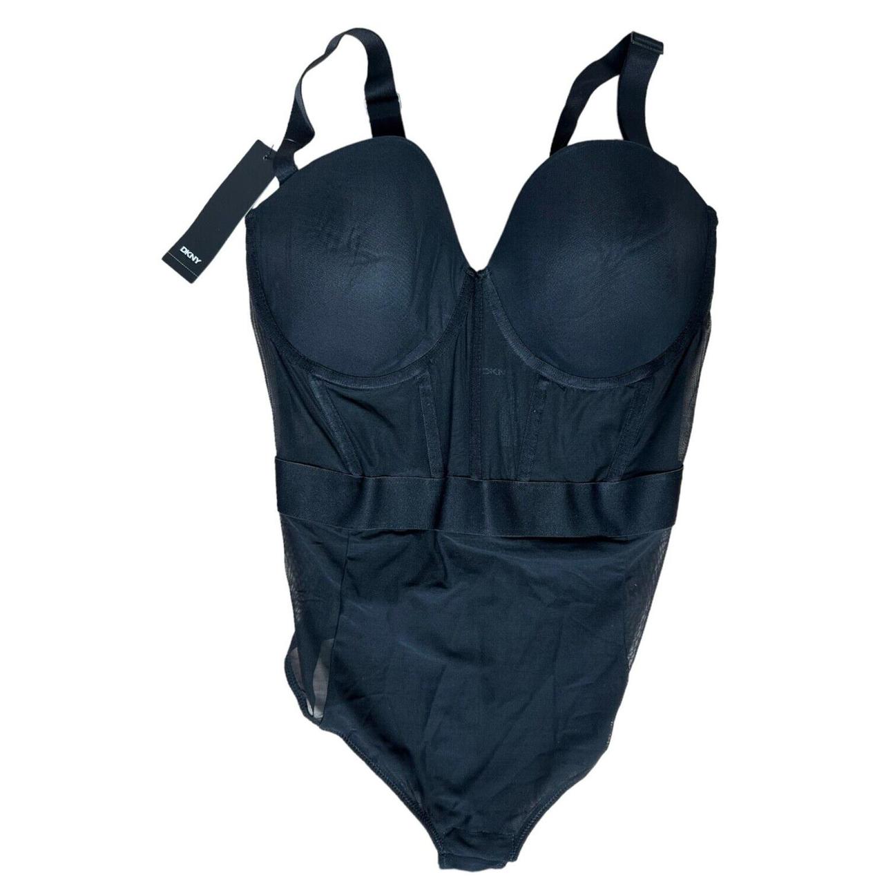 DKNY Women's Sheers Strapless Mesh-Panel Thong Bodysuit DK6008 Size 34D  Black