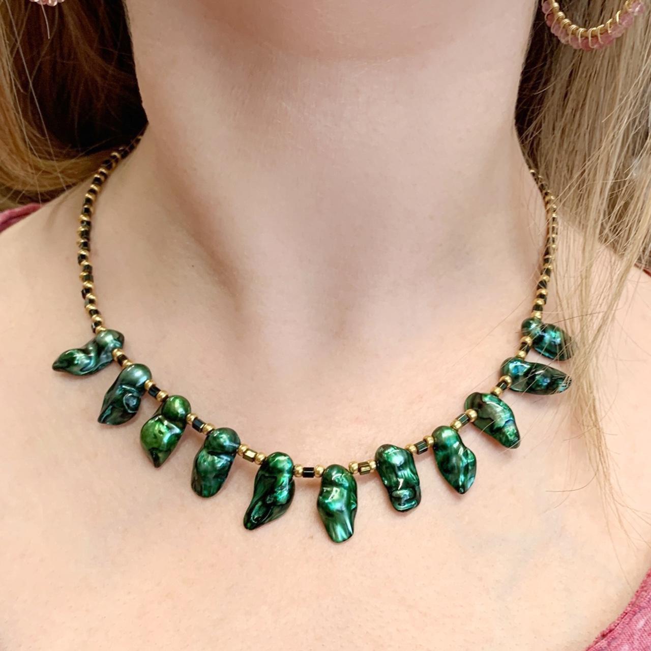 Green Pearl beaded necklace. Handmade gold and... - Depop