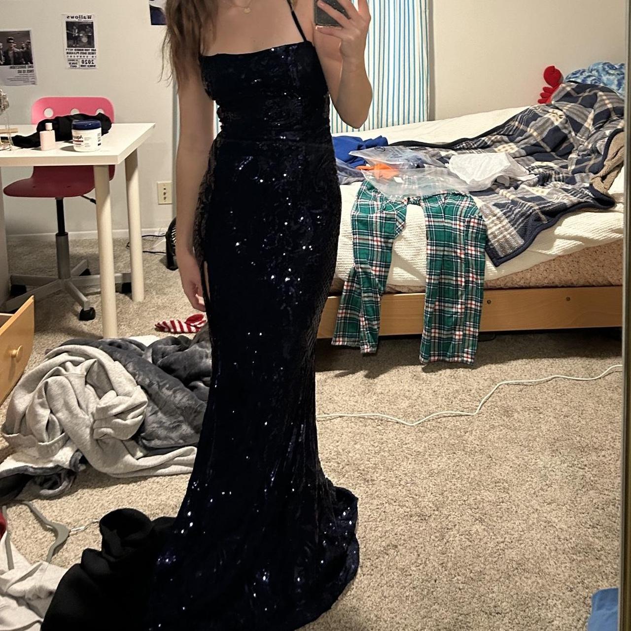 Small navy blue prom/ formal dress with navy... - Depop