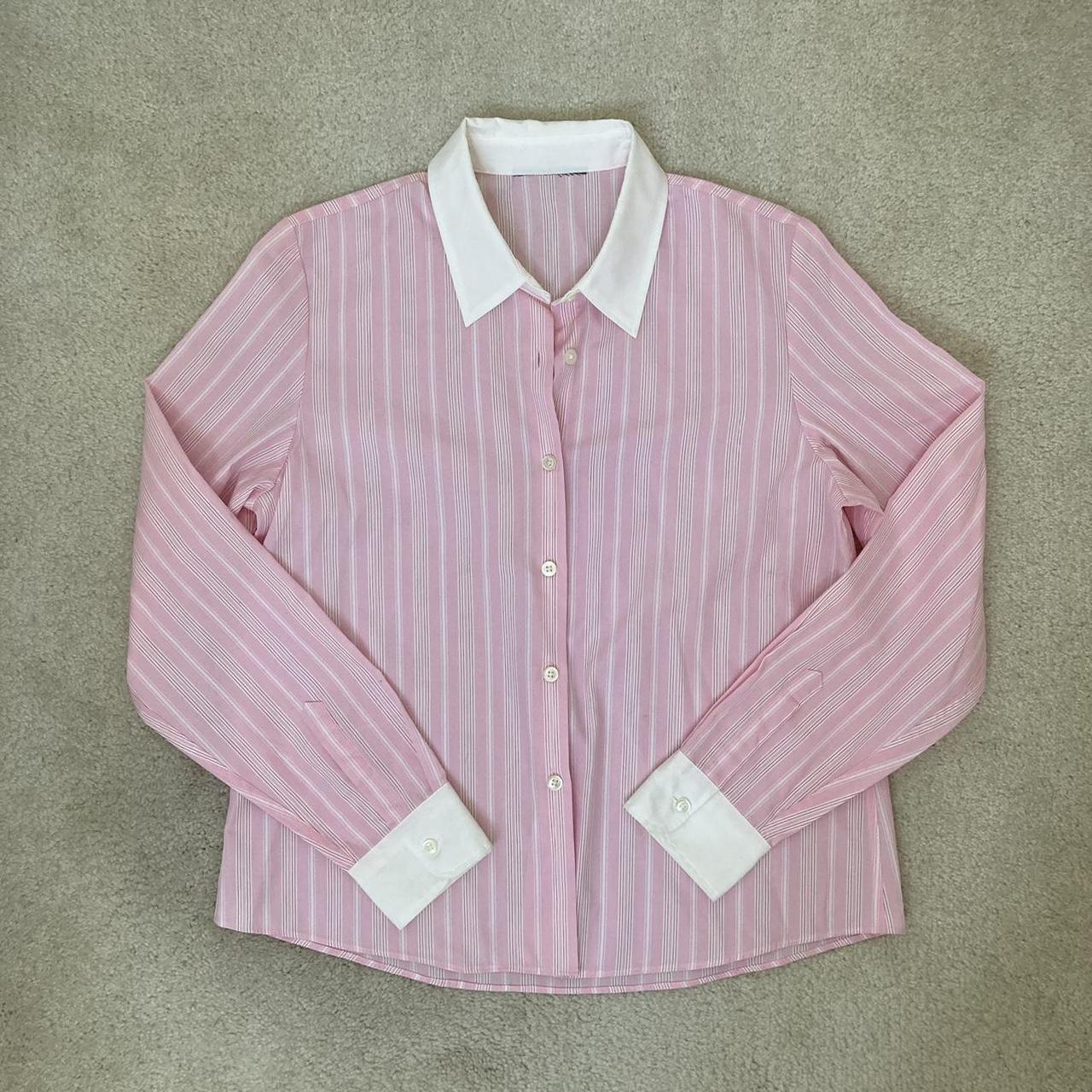 Vintage Pastel Baby Pink and White Vertical Striped... - Depop