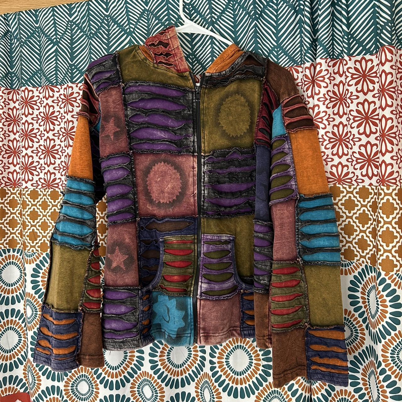 hippie patchwork zip up hoodie. very detailed, has... - Depop