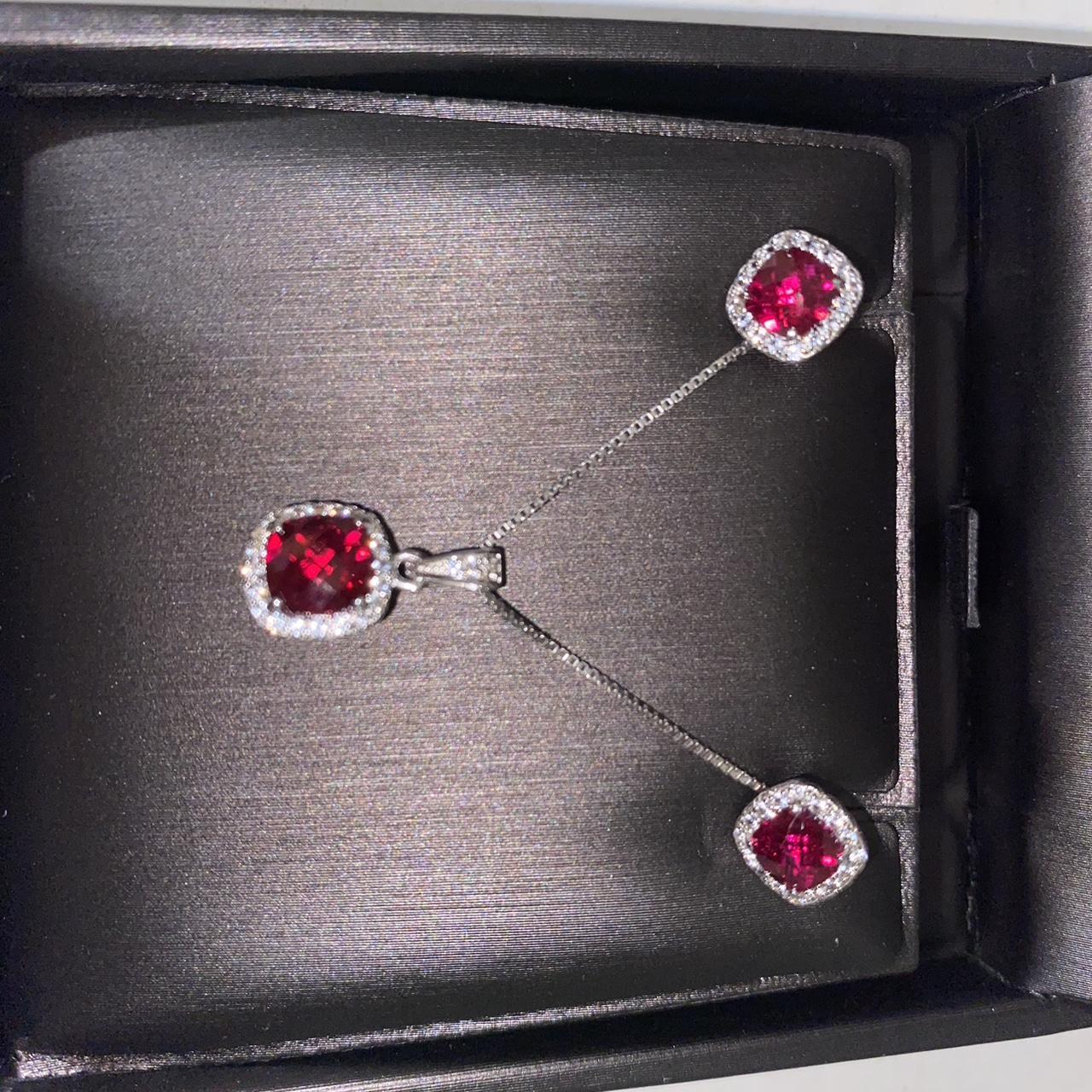 Sterling Silver Ruby and White Sapphire Halo... - Depop