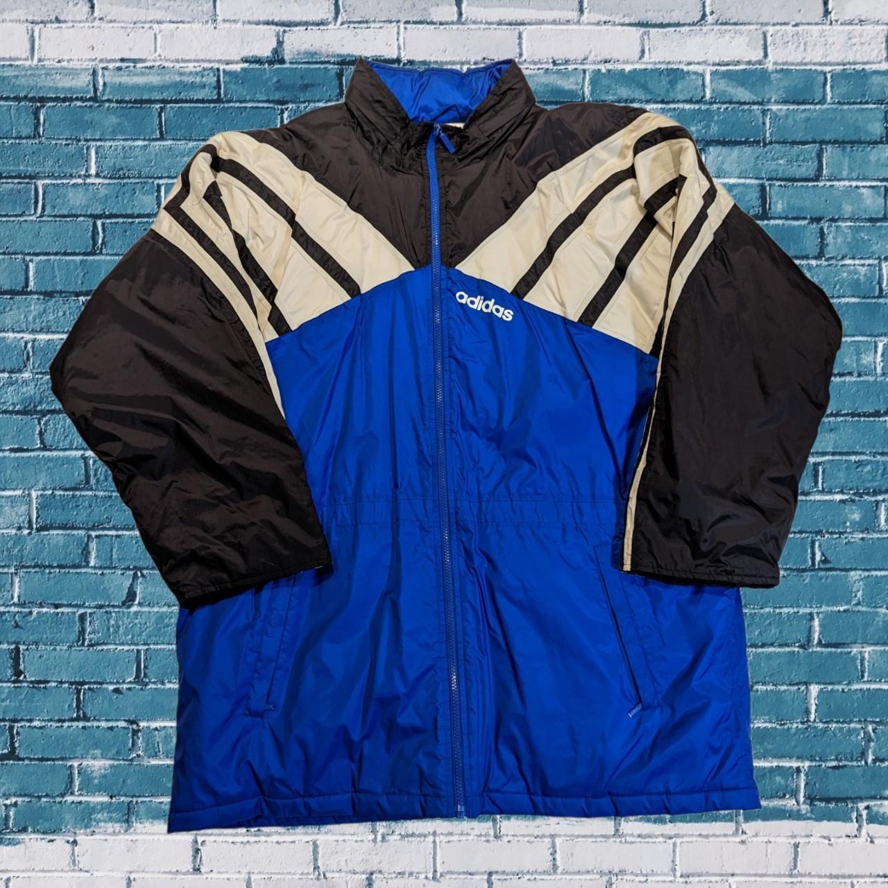 Vintage 90s Adidas rain coat size XL Blue and black... - Depop