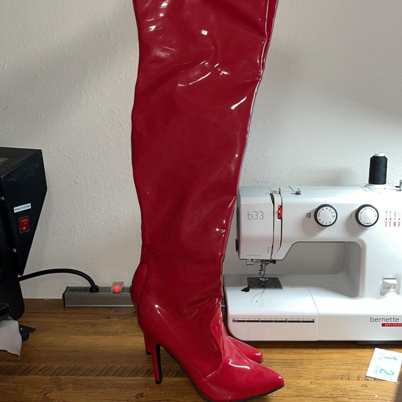 Ellie Thigh high Shiny boots heel height is... - Depop