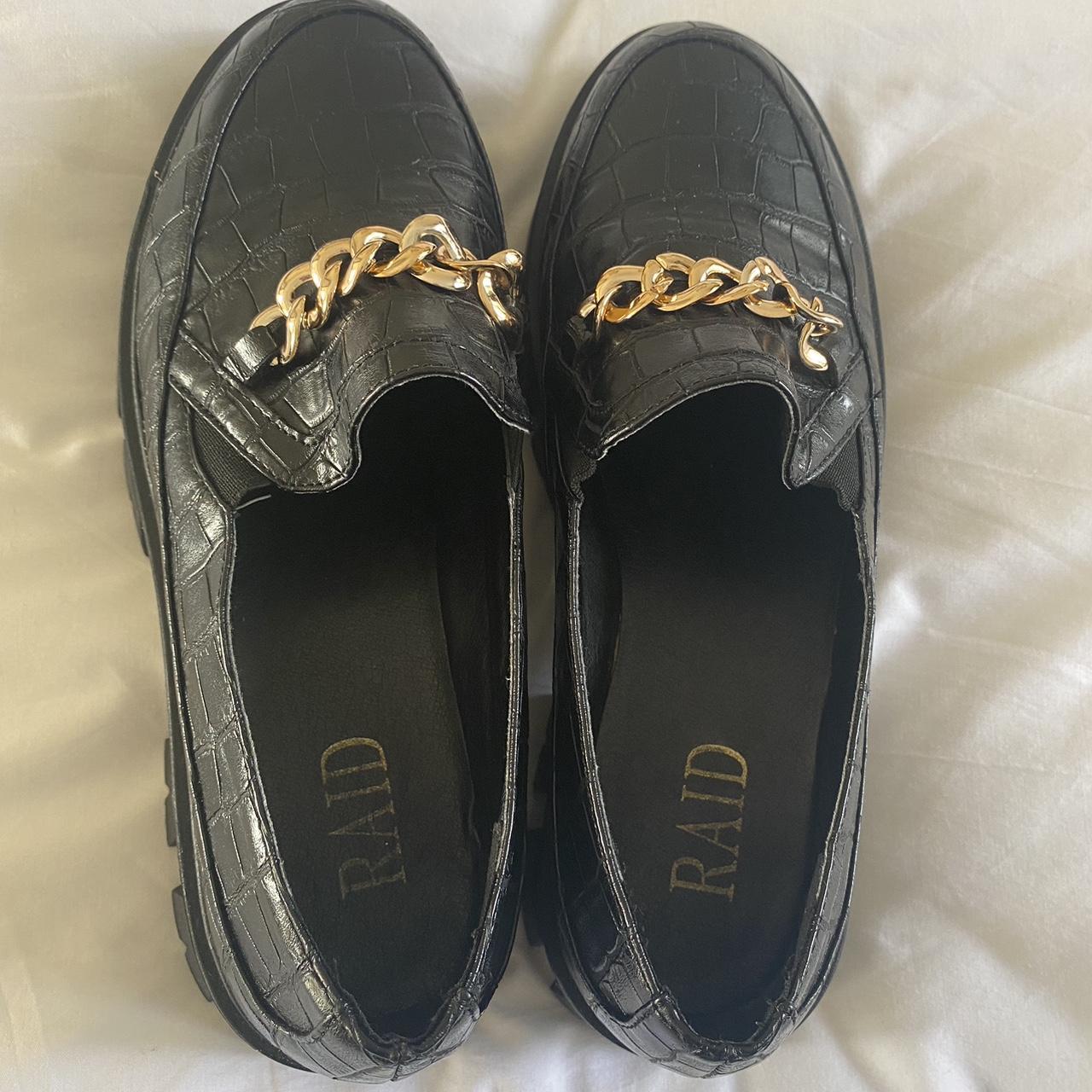 Raid Women's Black and Gold Loafers | Depop